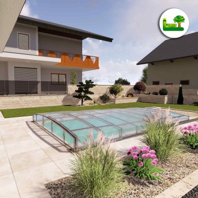 3D Gartenplanung mit Pool, Gartenmauer und Bepflanzung.