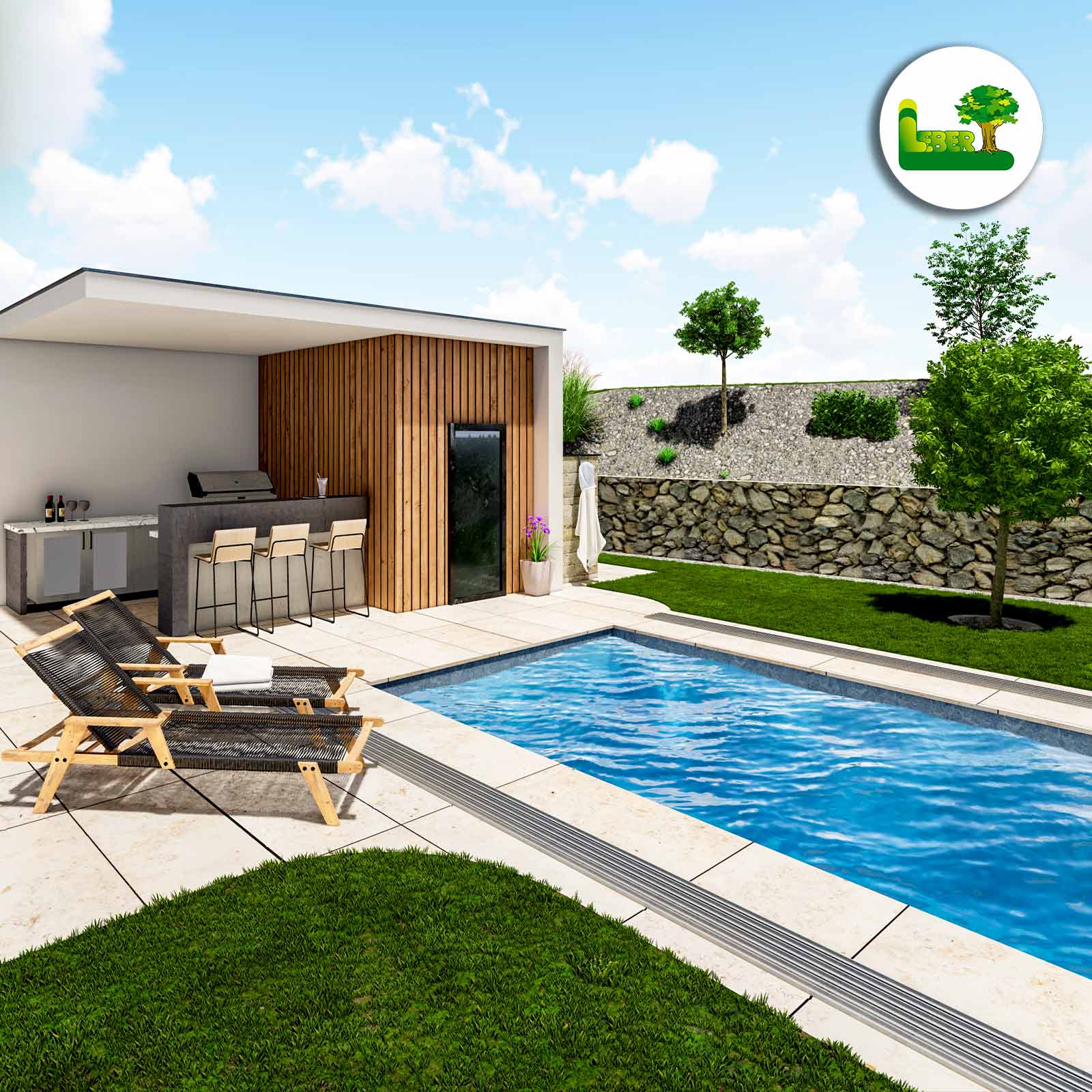 3D Planung - Exklusive Außenanlage. Gartenanlage mit Poolhaus, PP Pool, Plattenverlegung und Gartengestaltung