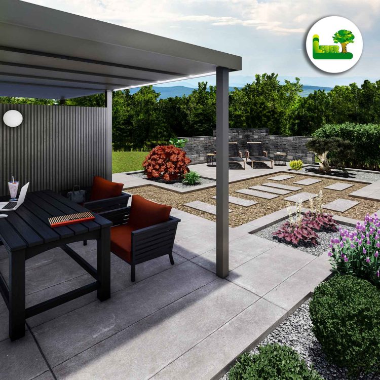 Moderne Gartenanlage - 3D Planung der Gartenanlage und Außenanlage. Naturstein Biasca Gneis und Highline H5