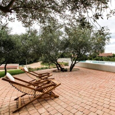 Gemütliche Außensitzecke mit CASTELLO Antico orangefarbenen Terrakotta-Pflastersteinen unter einem Olivenbaum, ideal für eine mediterrane Gartengestaltung.